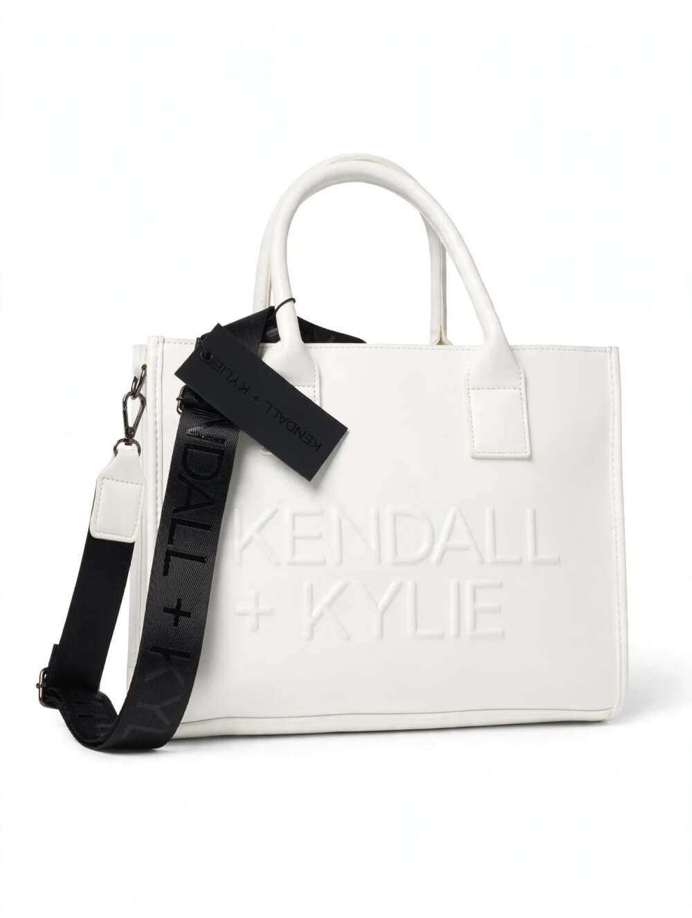 Kendall + Kylie White Embossed Logo Tote Handbag with Black Strap